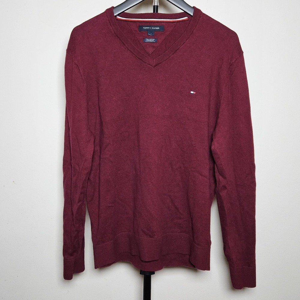 Tommy Hilfiger Mens Burgundy V-Neck Pima Cotton Cashmere Sweater Large